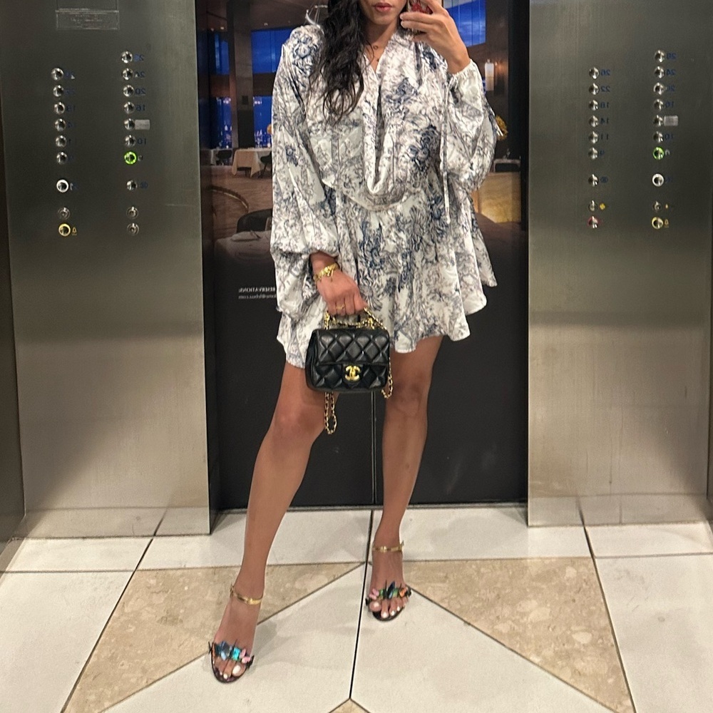 Blue White Floral Satin Dress